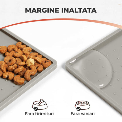 Covoras Hranire Silicon Elindor® pentru Caini si Pisici, Suport Antialunecare si Impermeabil pentru Boluri Hrana si Apa, Margine Inaltata 0.6 cm, Usor de Curatat, Rezistent, 60x40 cm, Potrivit pentru Calatorii si Utilizare Zilnica, Gri