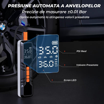 Compresor de Aer Elindor® Portabil 150PSI, 10000mAh cu Afisaj Digital si Lumina LED, Pompa Auto, Negru