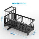 Suport Organizator Chiuveta Elindor® din Otel Carbon cu Tavita de Scurgere Rotativa 360 Grade, Compartimente Detasabile, Negru