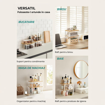 Set 2 Rafturi Elindor® din Bambus, Extensibil si Suprapus pentru Bucatarie, Organizator Metalic Reglabil, Ideal ca Etajera Depozitare in Camara sau Birou, Perfect pentru Condimente, Vesela, Farfurii, Stabil si Compact, Polita pentru Obiecte Diverse, Alb