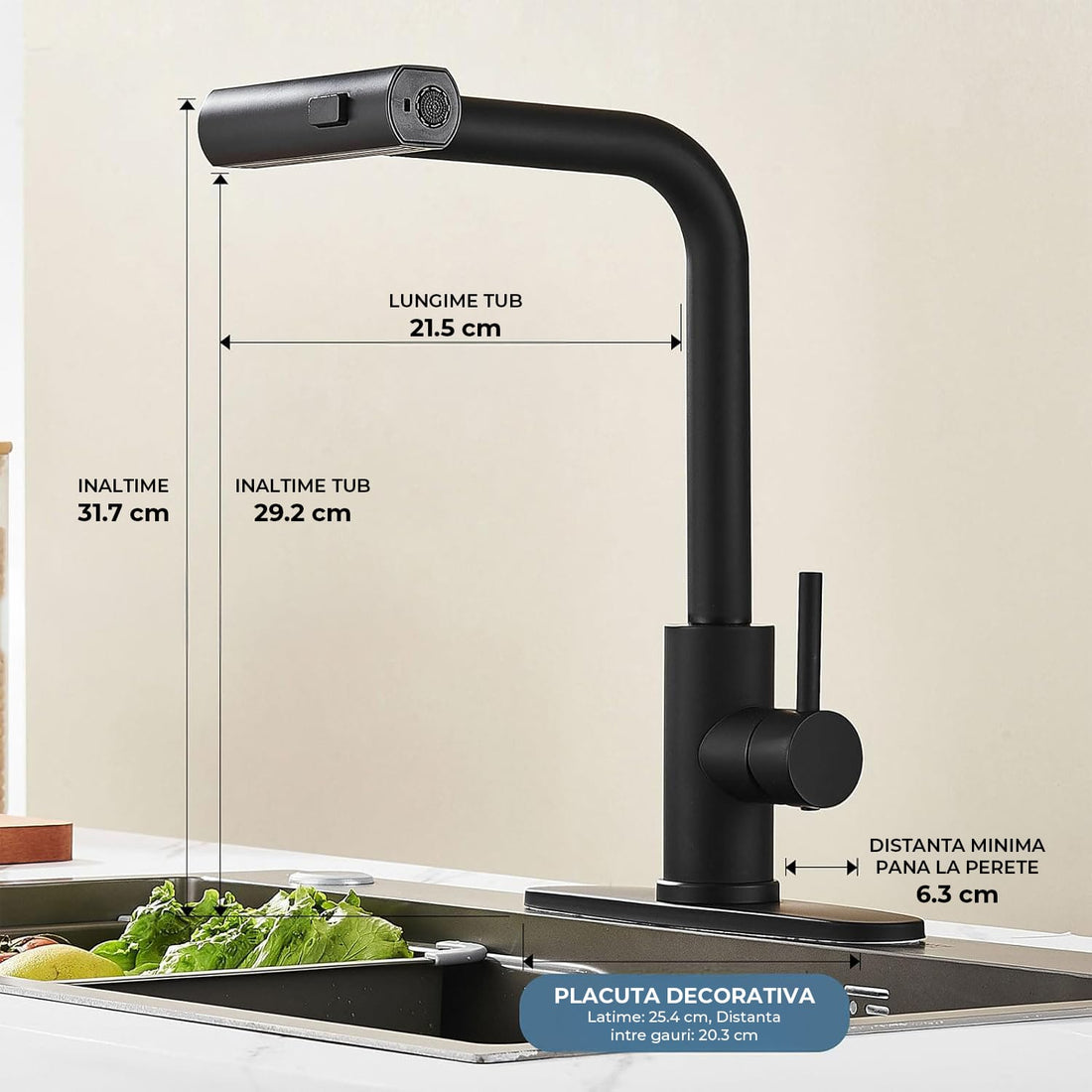 Baterie Bucatarie Elindor® Cu Dus Extractibil, Pipa Inalta, Finisaj Nichel Periat, Negru
