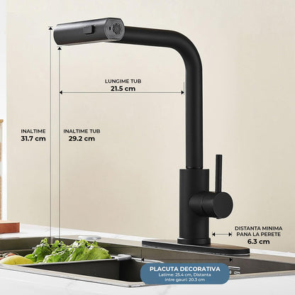 Baterie Bucatarie Elindor® Cu Dus Extractibil, Pipa Inalta, Finisaj Nichel Periat, Negru