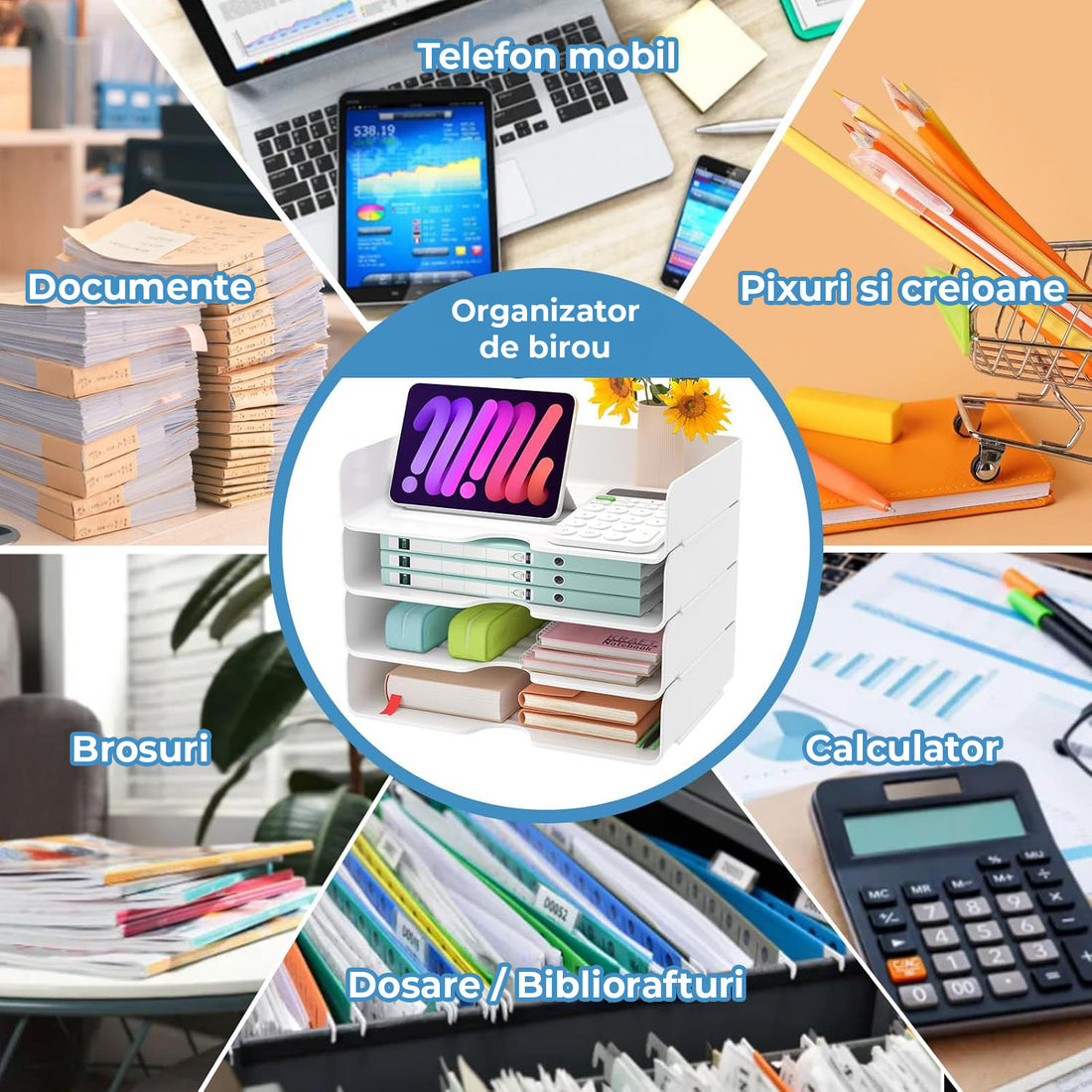 Set 4 Tavi de Depozitare Elindor® Cutii pentru Documente, Cutie cu 4 Compartimente Detasabile, Organizator de Birou, Potrivit si pentru Baie, Living, Bucatarie, pentru Creioane, Hartii, Rechizite, Pixuri, Suport Multufunctional, 33 x 25 x 27 cm, Transpare