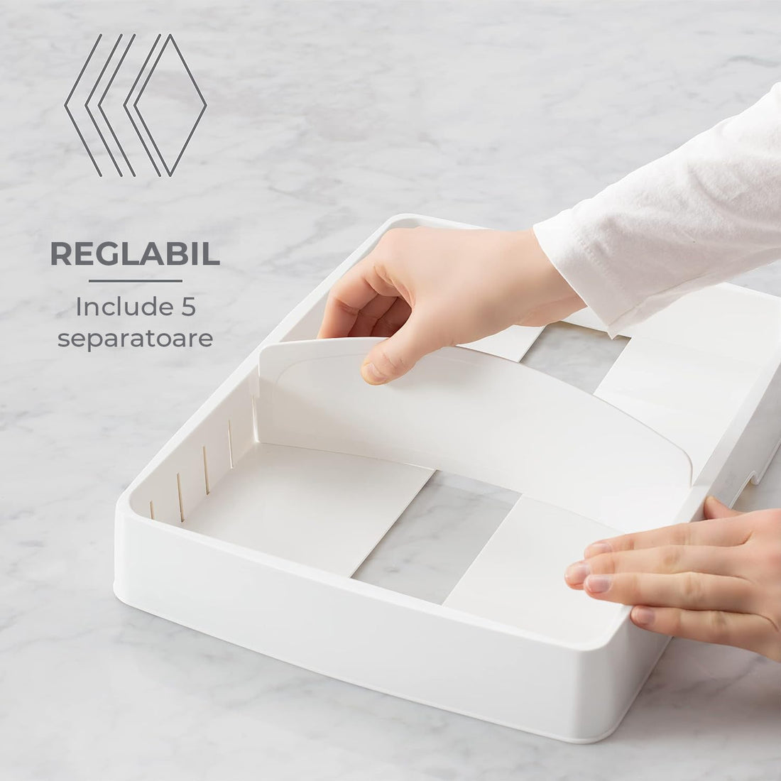 Organizator Capace Reglabil Elindor®, Suport Chiuveta, Uscator cu 5 Separatoare Ideal pentru Capace, Pahare, Tava Scurgere din Plastic, Organizator Bucatarie Multifunctional, Instalare Rapida, 33,5 × 26,4 × 8,4 cm, Plastic fara BPA, Alb