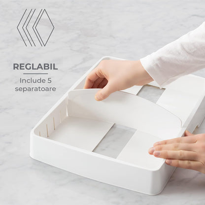 Organizator Capace Reglabil Elindor®, Suport Chiuveta, Uscator cu 5 Separatoare Ideal pentru Capace, Pahare, Tava Scurgere din Plastic, Organizator Bucatarie Multifunctional, Instalare Rapida, 33,5 × 26,4 × 8,4 cm, Plastic fara BPA, Alb