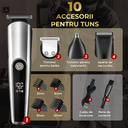 Aparat De Tuns 3 in 1 Elindor® Pentru Ingrijire Personala, Barba, Par, Nas/Urechi, Display LED, Lame Precise, Autonomie 2.5h, Argintiu