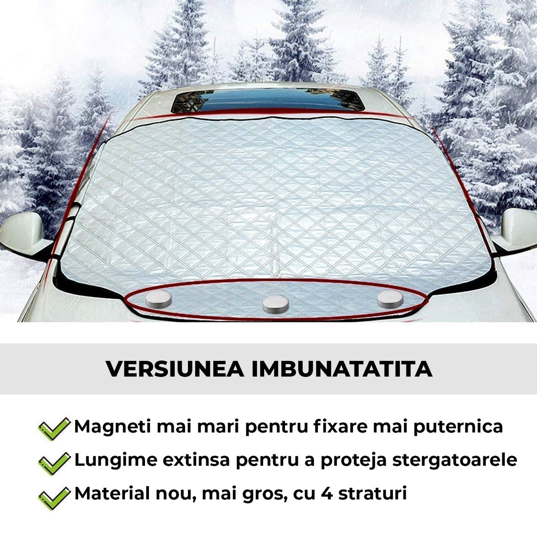 Parasolar Auto Elindor® pentru Parbriz, Magnetic cu 3 Magneti si Aripi Laterale, Material cu 4 Straturi, Universal, Folie pentru Protectie Soare, Anti-inghet, Pliabil, Usor de Depozitat, Accesorii Masina Exterior, 157 x 126 cm, Argintiu