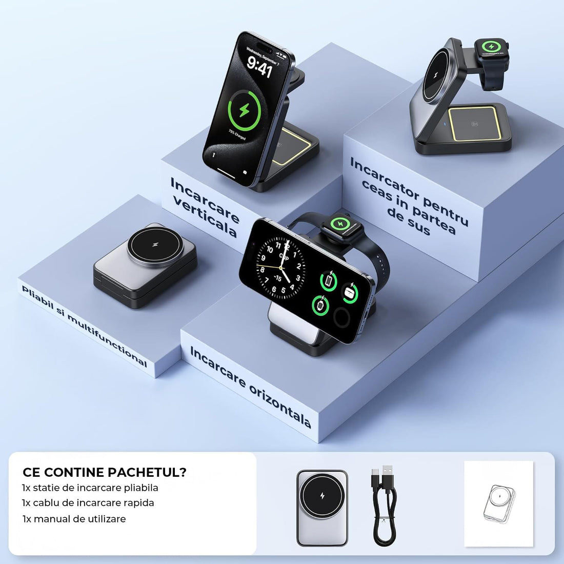 Incarcator Magnetic Elindor® Incarcare 3-in-1, MagSafe, 15W, Pliabil si Portabil, pentru iPhone, Apple Watch, AirPods, Gri