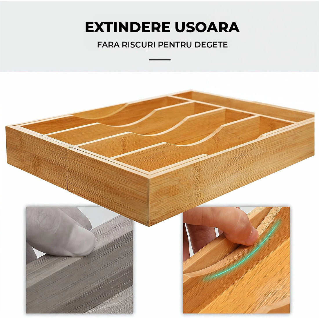 Organizator Extensibil Elindor® din Bambus, pentru Depozitare Tacamuri si Ustensile de Bucatarie, Furculite, Linguri, Cutite, 7 Compartimente, Sertar 25.5-39.4 cm, Suport Ajustabil, Separator Sertare Spatios, Accesorii Organizare