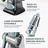 Rasnita Rotativa 3 in 1 Elindor® cu Maner, Razatoare Lame din Otel Inoxidabil, Tocator Legume, Cascaval, Razatoare Branza, Nuci, Morcovi, Varza, Ustensila de Bucatarie, Design Compact, Multifunctional, Gri