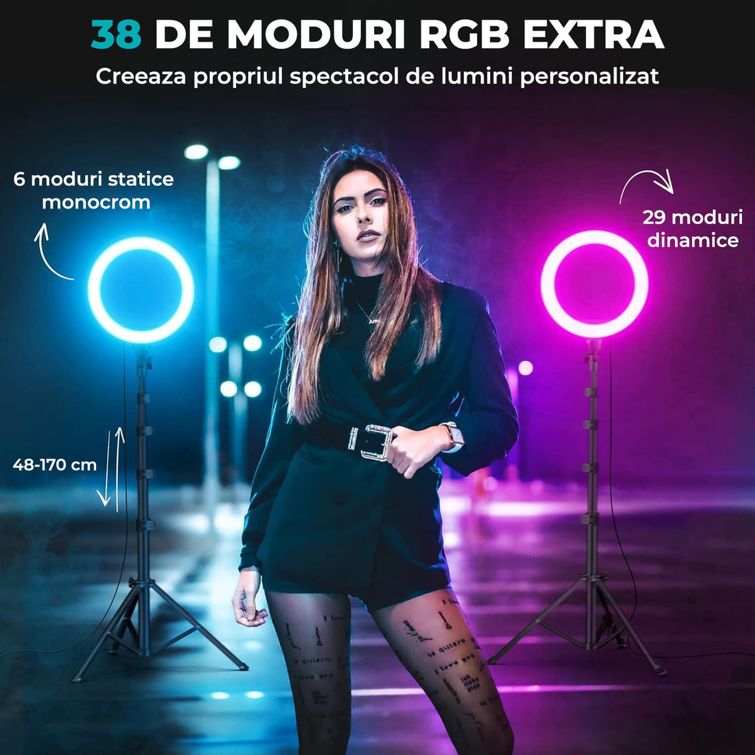 Lampa Ring Light Elindor®,10 Inch, RGB, Negru