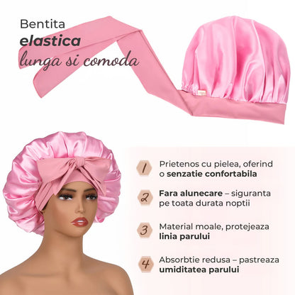 Boneta Satin Dubla Elindor® Pentru Protectia Parului, Banda Reglabila, Roz