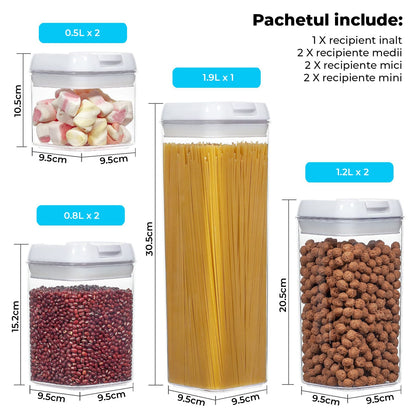 Set 7 Recipiente Etanse Elindor® pentru Alimente Uscate, Capace AirTight, Transparent