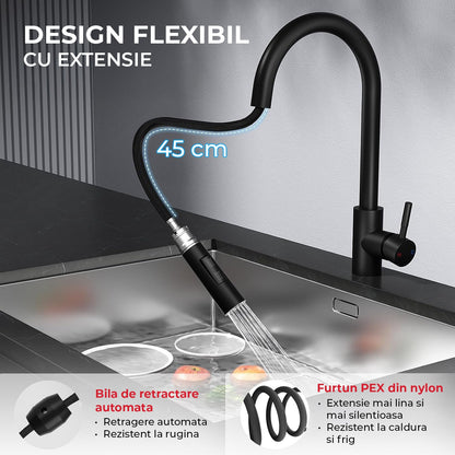 Baterie Chiuveta Neagra Elindor®, Robinet de Apa pentru Bucatarie, Jet Reglabil, Modern cu Pipa Flexibila, Cap Dus Extractabil cu Doua Functii, Monocomanda, Rotativ 360°, Otel Inoxidabil, Finisaj Mat