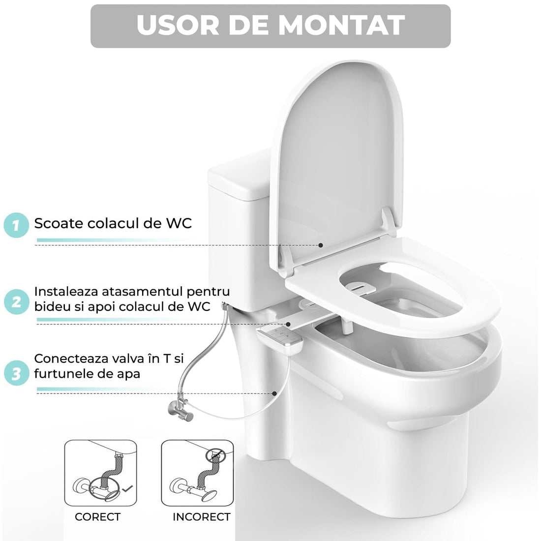Bideu Retractabil pentru Toaletă cu Auto-Curățare, Control de Presiune, Igienă Personală, Gri