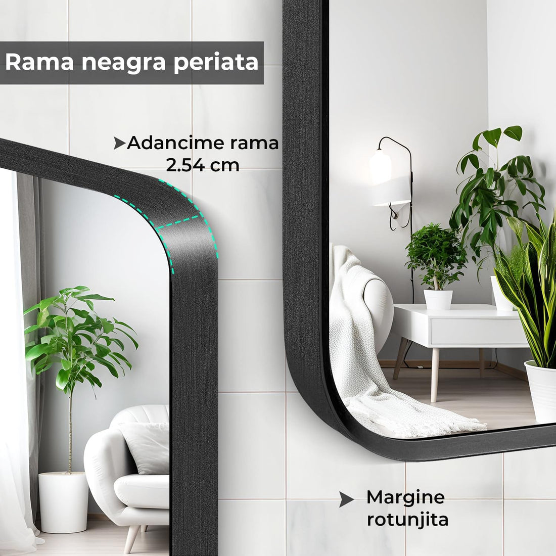 Oglinda Dreptunghiulara Elindor®, Margini Rotunjite, Reflexie HD, Sticla Premium, 75x55 cm, Negru