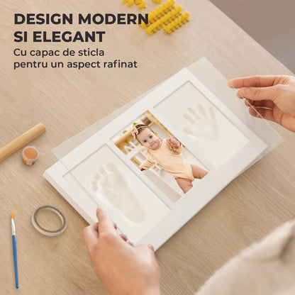 Kit Amprenta Bebe cu Lut Non-Toxic si Rama Foto Elindor® Personalizabil, pentru Maini si Picioare, Cadou Ideal pentru Botez, Zi de Nastere si Baby Shower, Set Complet cu Etichete, Pigment si Cutie de Cadou, Design Elegant, Alb