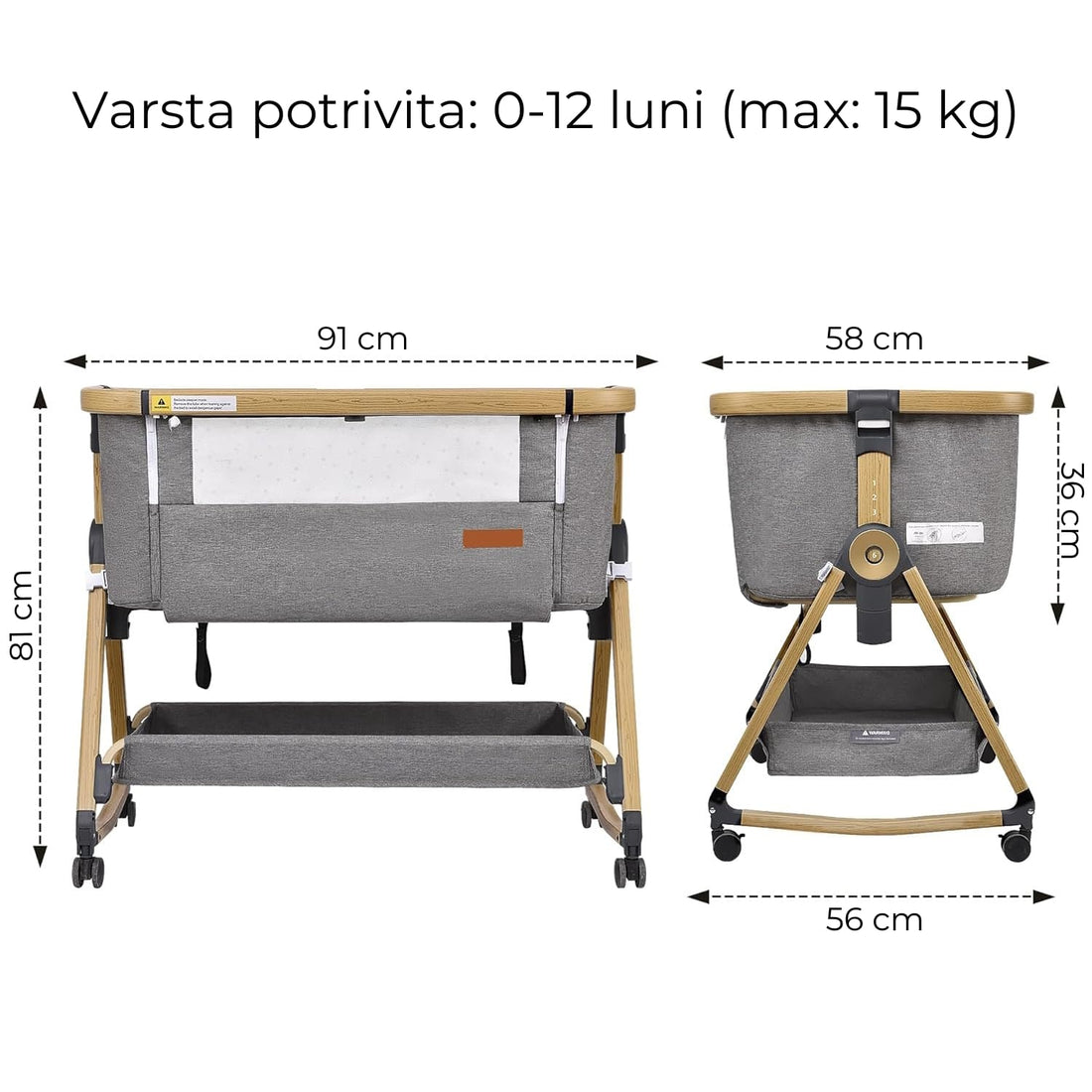 Pătuț Pliabil pentru Bebeluși Elindor®, 3 în 1, Leagăn, 6 Trepte de Înălțime Reglabile