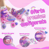 Role Reglabile Elindor® pentru Copii, Fete si Baieti, 4 Roti cu Lumini Quad, Ajutatoare, Rotile din Silicon, Rulmenti ABEC-7, Aluminiu / Poliuretan, Marimea L, 37-39, Model Unicorn, Mov