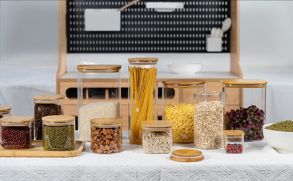 Set 3 Borcane Sticlă Elindor®, 2L, Capace Bambus și Etichete Negre