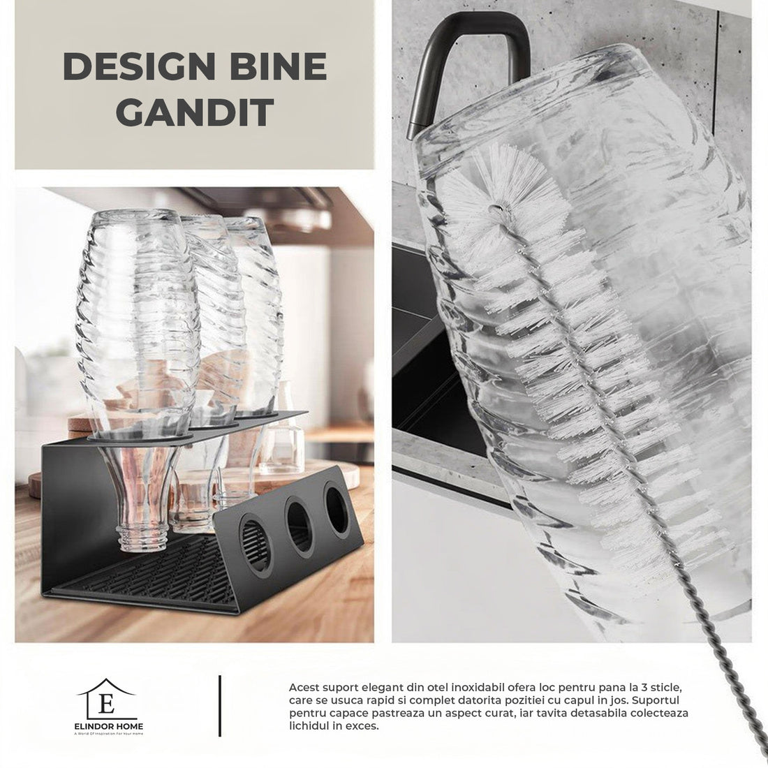 Scurgator de Sticle Elindor® cu 3 Orificii, Suport Scurgere Capace, Otel Inoxidabil, Ideal pentru Chiuveta in Bucatarie, Bar, cu Scurgere Automata si Ventilatie Completa, Multifunctional, 11.3 x 13.3 x 30 cm, Negru