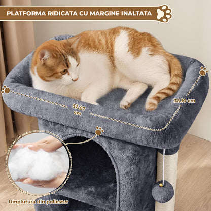 Ansamblu de Joaca Elindor® pentru Pisici, Post pentru Zgariat din Sisal, Stalp pentru Ascutit Gheare, Baza Solida, 2x Pat Moale pentru Dormit, Accesorii Animale de Companie, Montare Usoare, Gri