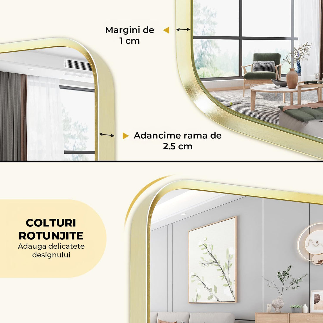 Oglinda Dreptunghiulara Elindor®, Margini Rotunjite, Reflexie HD, Sticla Premium, 75x55 cm, Auriu