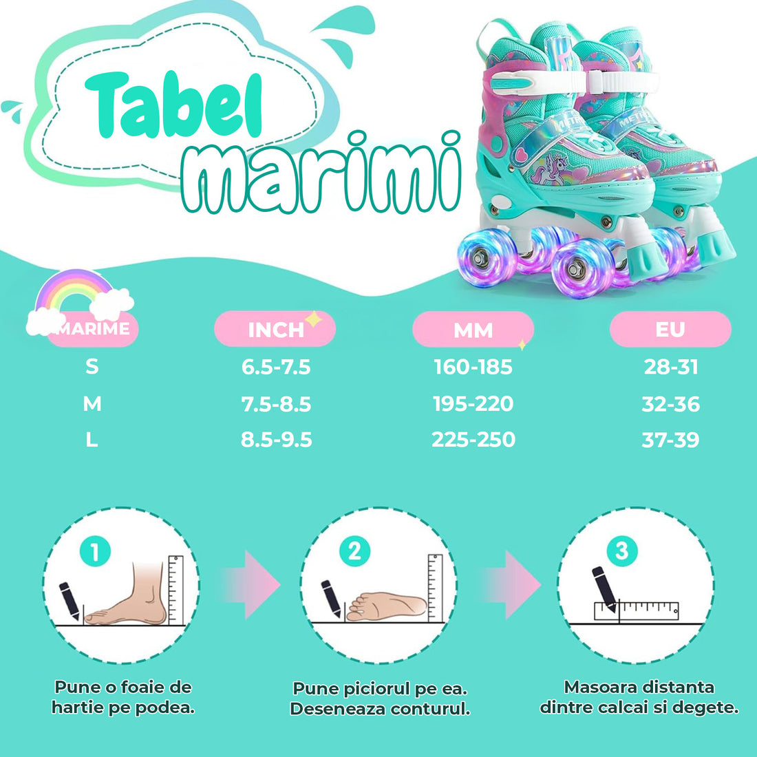 Role Reglabile Elindor® pentru Copii, Fete si Baieti, 4 Roti cu Lumini Quad, Ajutatoare, Rotile din Silicon, Rulmenti ABEC-7, Aluminiu / Poliuretan, Marimea S, 28-31, Model Unicorn, Verde