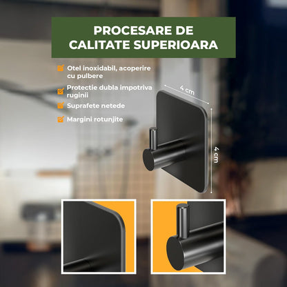 Set 6 Carlige Autoadezive Elindor®, Otel Inoxidabil Negre, Design Modern Fara Gaurire, Adeziv Puternic Rezistent la Apa, Suporta pana la 10 kg, Montaj Rapid, Agatatori pentru Prosoape, Halate, Chei, pentru Baie, Bucatarie, Hol, Birou sau Usi