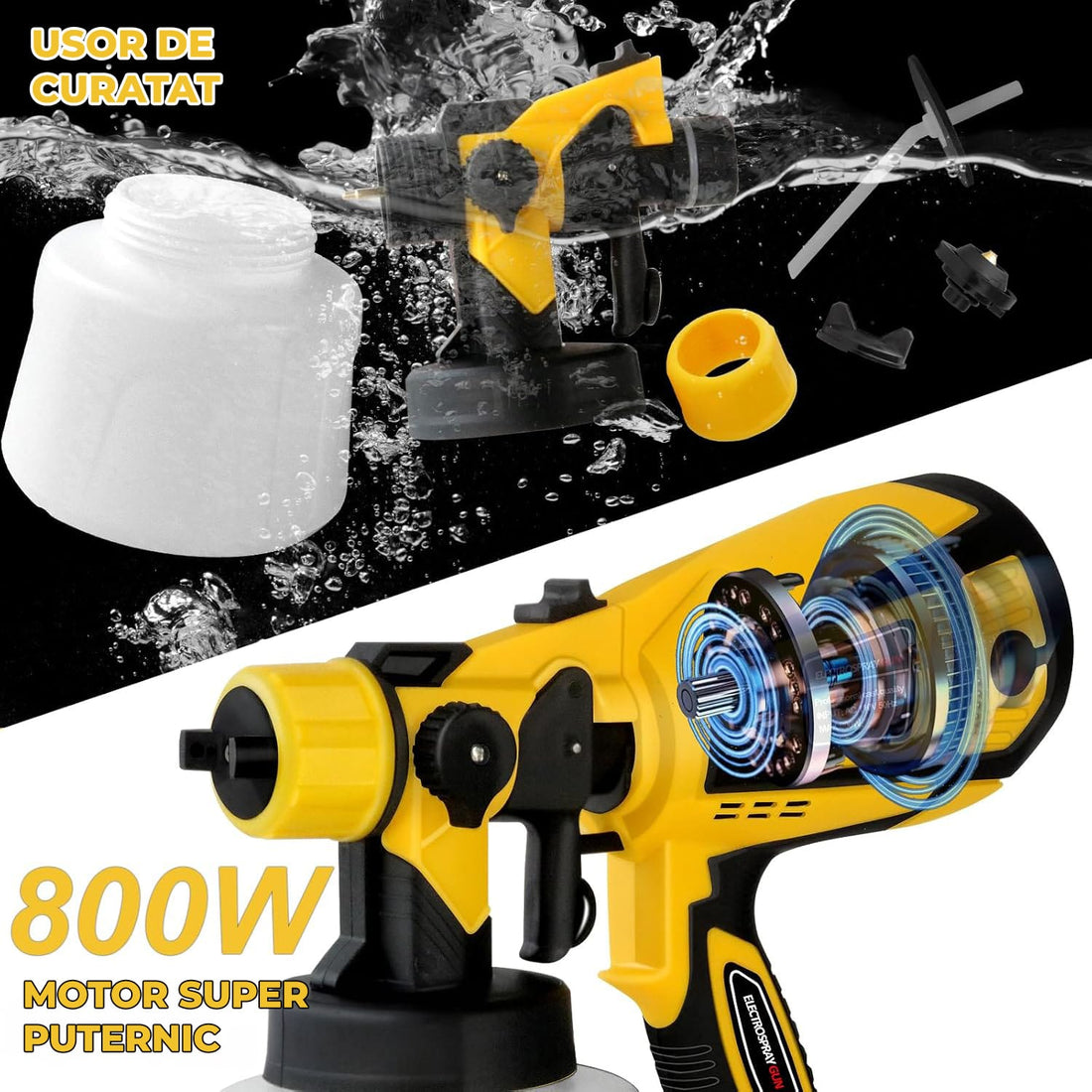 Pulverizator Vopsea Elindor®, Electric, 800W, Rezervor 900ml, 3 Duze, Galben