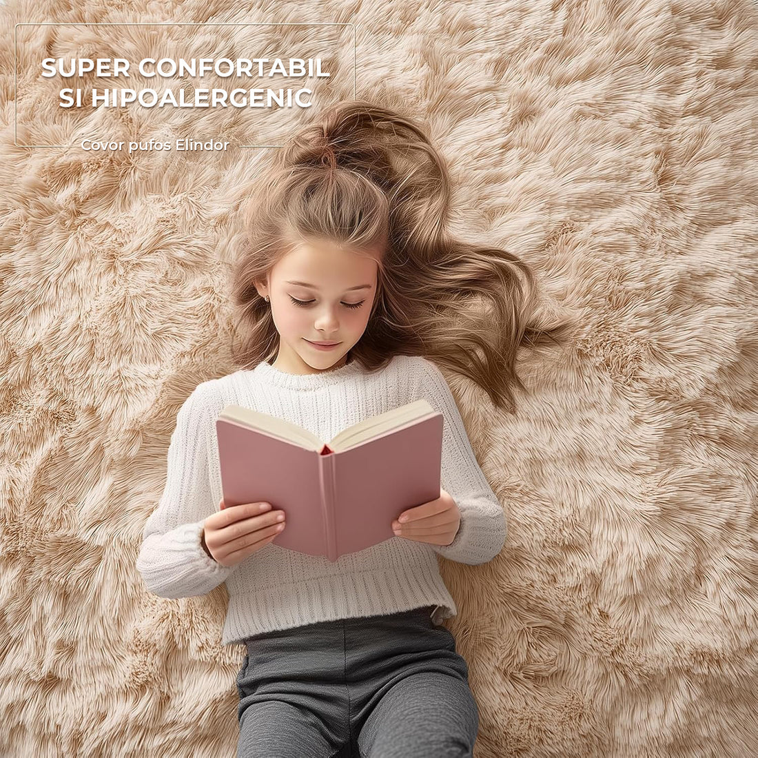 Covor Elindor® Antiderapant, Lavabil, Modern, Ideal pentru Living, Dormitor, Birou, Camera Copiilor, Covor cu Tesatura Lunga si Moale, Curatare Usoara, 120 x 160 cm, Bej