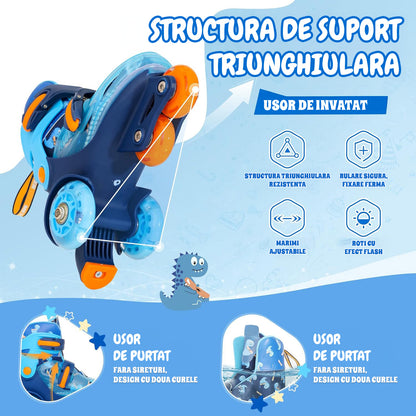 Role Reglabile Elindor® pentru Copii, Fete si Baieti, 4 Roti cu Lumini, Platforma in Triunghi, Ajutatoare pentru Incepatori, Rotile din Silicon, Rulmenti Aluminiu / Poliuretan, Marimea XS, 25-27.5, Albastru