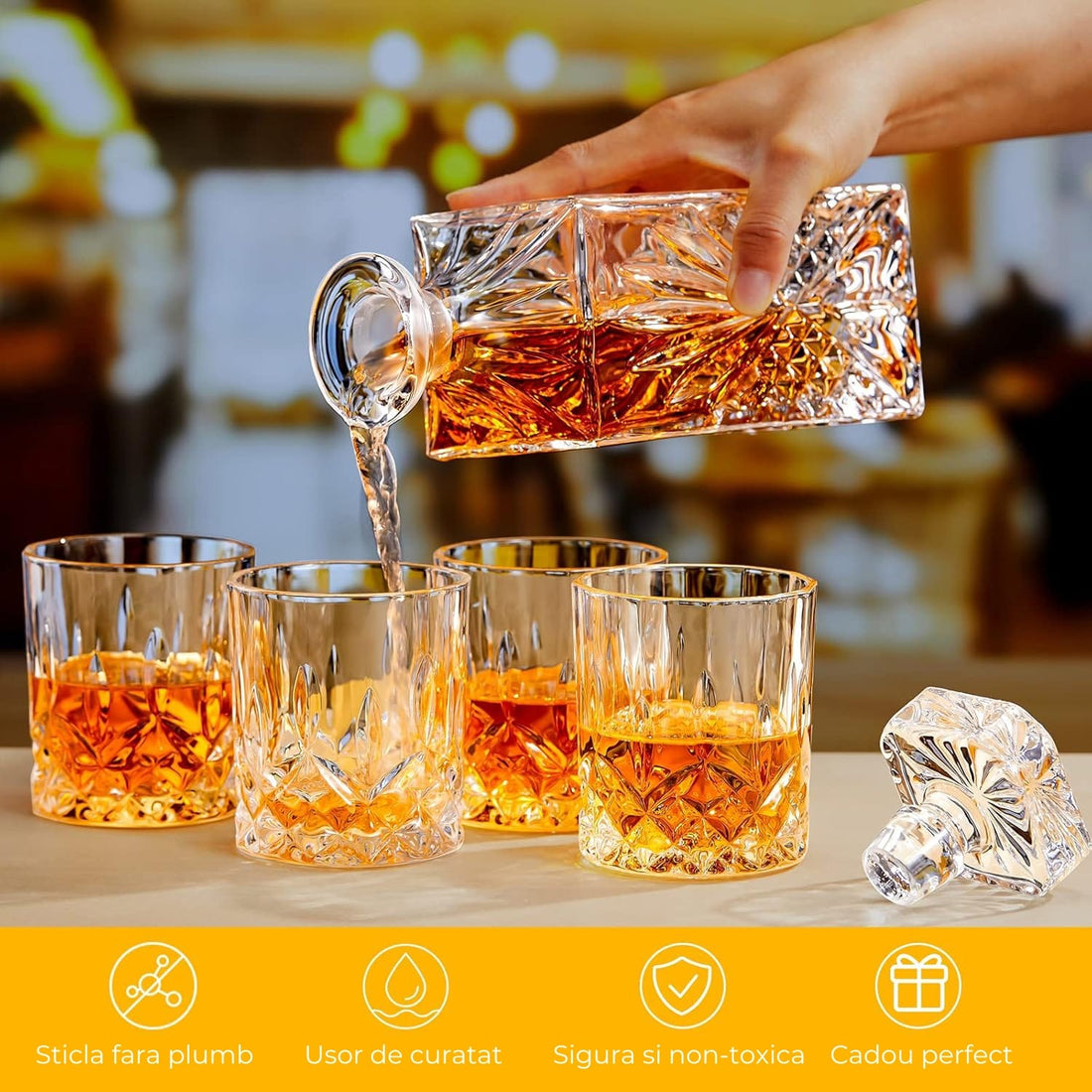 Decantor Elindor® din Sticlă, Dop Pătrat, 798 ml, pentru Whiskey și Vin