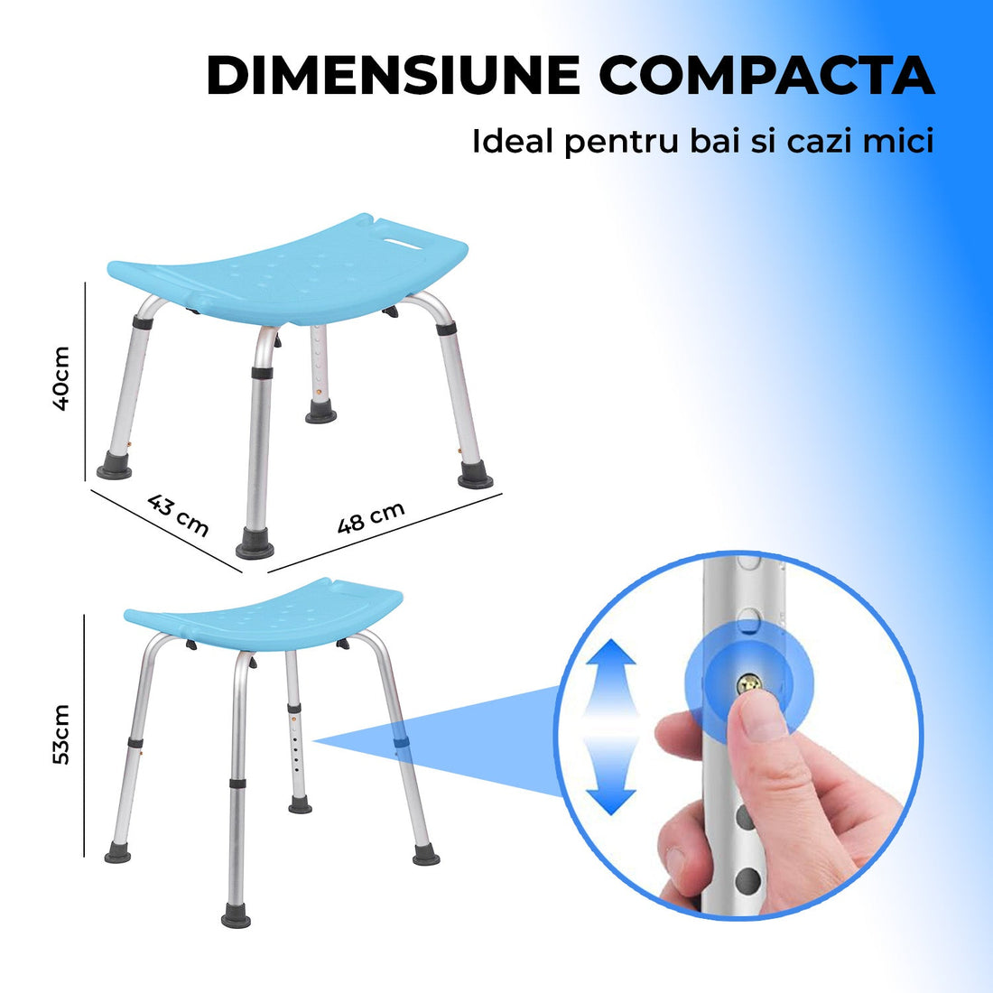 Scaun Compact Elindor® pentru Dus si Cada, Stabil si Usor de Asamblat cu Inaltime Reglabila, Sistem Antialunecare, Albastru