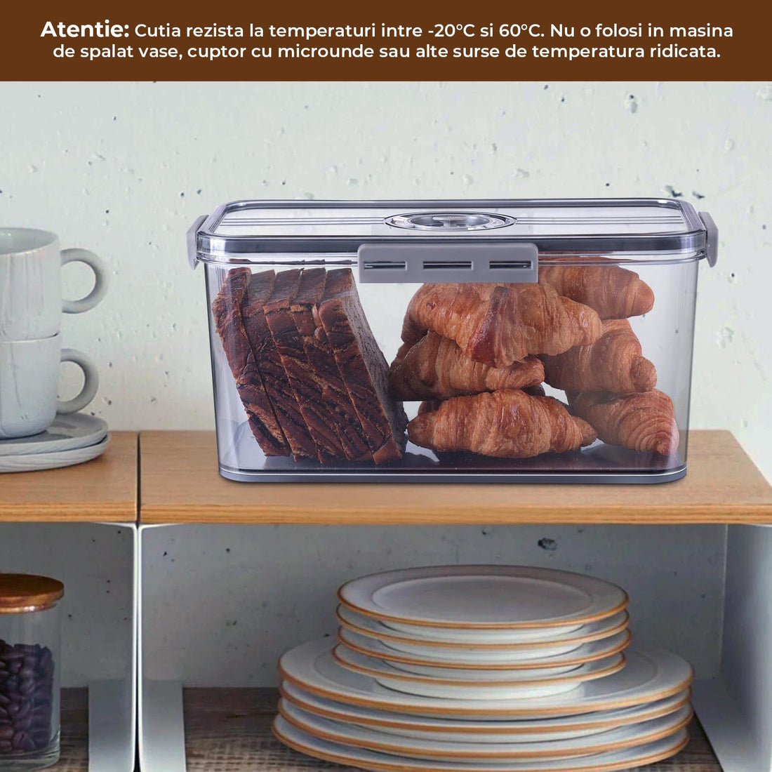 Cutie Depozitare Alimente Etansa Elindor® cu Supapa de Aer, Scala de Timp, Tava Scurgere si Capac Rezistent, Gri