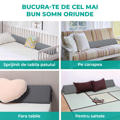 Perna Ortopedica Triunghiulara Elindor® pentru Pat, Perna din Spuma Densa, Suport Spate, Cap, Post-Operator, Anti-Reflux, Antisforait, Antirid, Husa Detasabila cu Fermoar, 193 x 25 x 15 cm, Gri