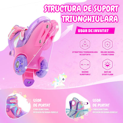 Role Reglabile Elindor® pentru Copii, Fete si Baieti, 4 Roti cu Lumini, Platforma in Triunghi, Ajutatoare pentru Incepatori, Rotile din Silicon, Rulmenti Aluminiu / Poliuretan, Marimea XS, 25-27.5, Roz