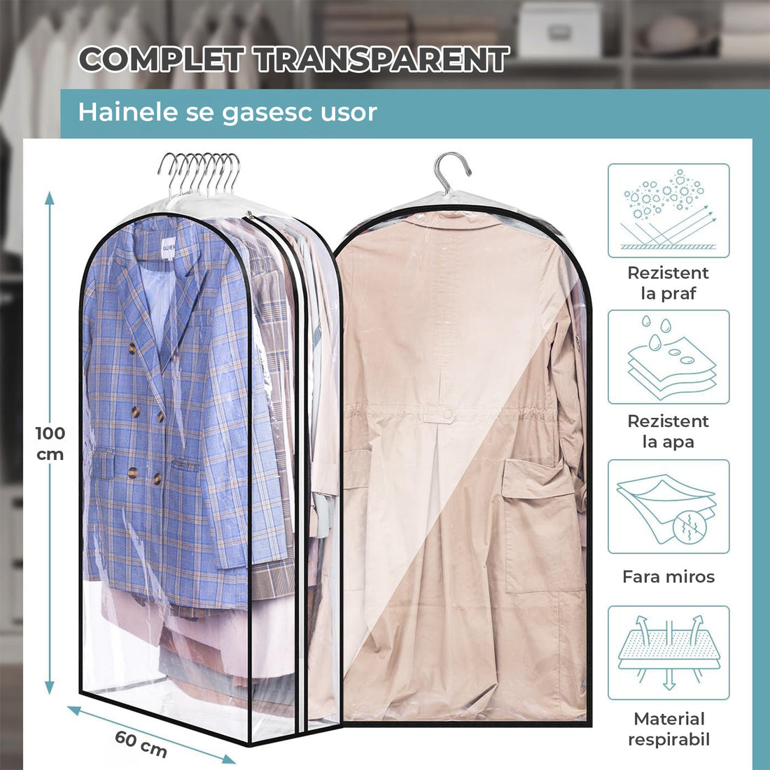 Set 3 Huse Depozitare Elindor® pentru Haine Dulap, Organizator pentru Dormitor Studentesc, Organizatoare Mari cu 8 Umerase, Organizare Multifunctionala, Separator Haine cu Fermoar Lateral, 100 x 60 x 25 cm, Transparent