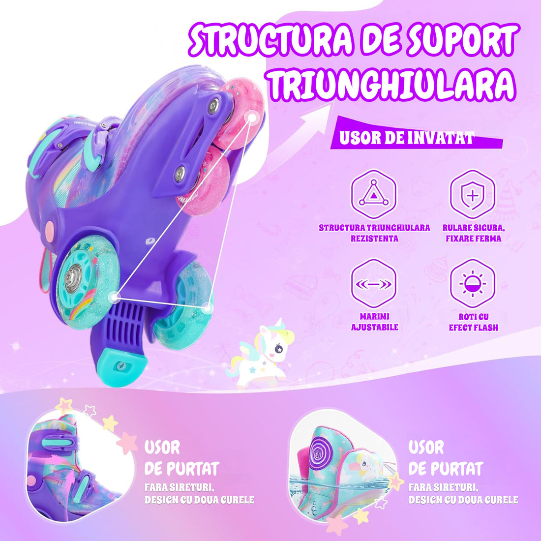 Role Reglabile Elindor® pentru Copii, Fete si Baieti, 4 Roti cu Lumini, Platforma in Triunghi, Ajutatoare pentru Incepatori, Rotile din Silicon, Rulmenti Aluminiu / Poliuretan, Marimea S, 28-32, Mov