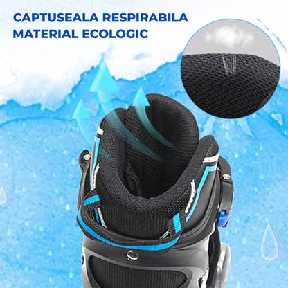 Role Reglabile Elindor® pentru Copii, Fete si Baieti, 4 Roti cu Lumini Quad, Ajutatoare, Rotile din Silicon, Rulmenti ABEC-7, Aluminiu / Poliuretan, Marimea M, 32-35, Model Unicorn, Negru / Albastru