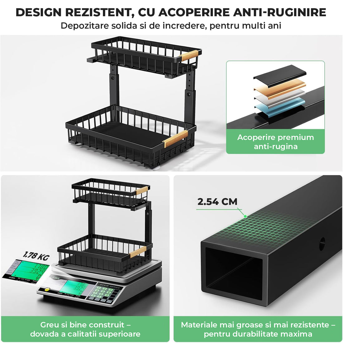 Organizator Multifunctional Elindor® pe 2 Nivele, 2x Sertar Glisant, Montat pe Blat sau in Dulap sub Chiuveta, Suport Metalic Organizare, pentru Bucatarie, Baie, Camara, Bar, Raft cu Sertare Depozitare Legume, Detergenti, Parfumuri, 40×30×43 cm, Negru