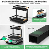 Organizator Multifunctional Elindor® pe 2 Nivele, 2x Sertar Glisant, Montat pe Blat sau in Dulap sub Chiuveta, Suport Metalic Organizare, pentru Bucatarie, Baie, Camara, Bar, Raft cu Sertare Depozitare Legume, Detergenti, Parfumuri, 40×30×43 cm, Negru