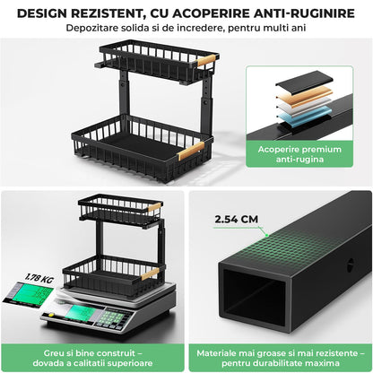 Organizator Multifunctional Elindor® pe 2 Nivele, 2x Sertar Glisant, Montat pe Blat sau in Dulap sub Chiuveta, Suport Metalic Organizare, pentru Bucatarie, Baie, Camara, Bar, Raft cu Sertare Depozitare Legume, Detergenti, Parfumuri, 40×30×43 cm, Negru
