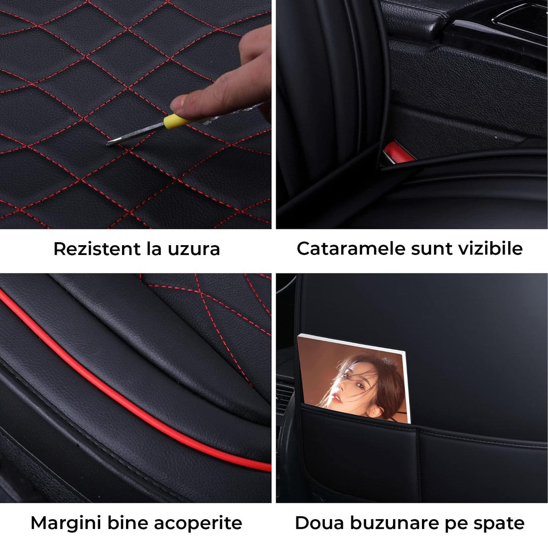 Set 2 Huse Scaune Auto Elindor®, Piele Ecologica, Impermeabile, Universale, Protectie Scaun Fata, Compatibile cu Masinile Sedan, SUV/Camionete, Accesorii Masina Interior, Negru/Rosu
