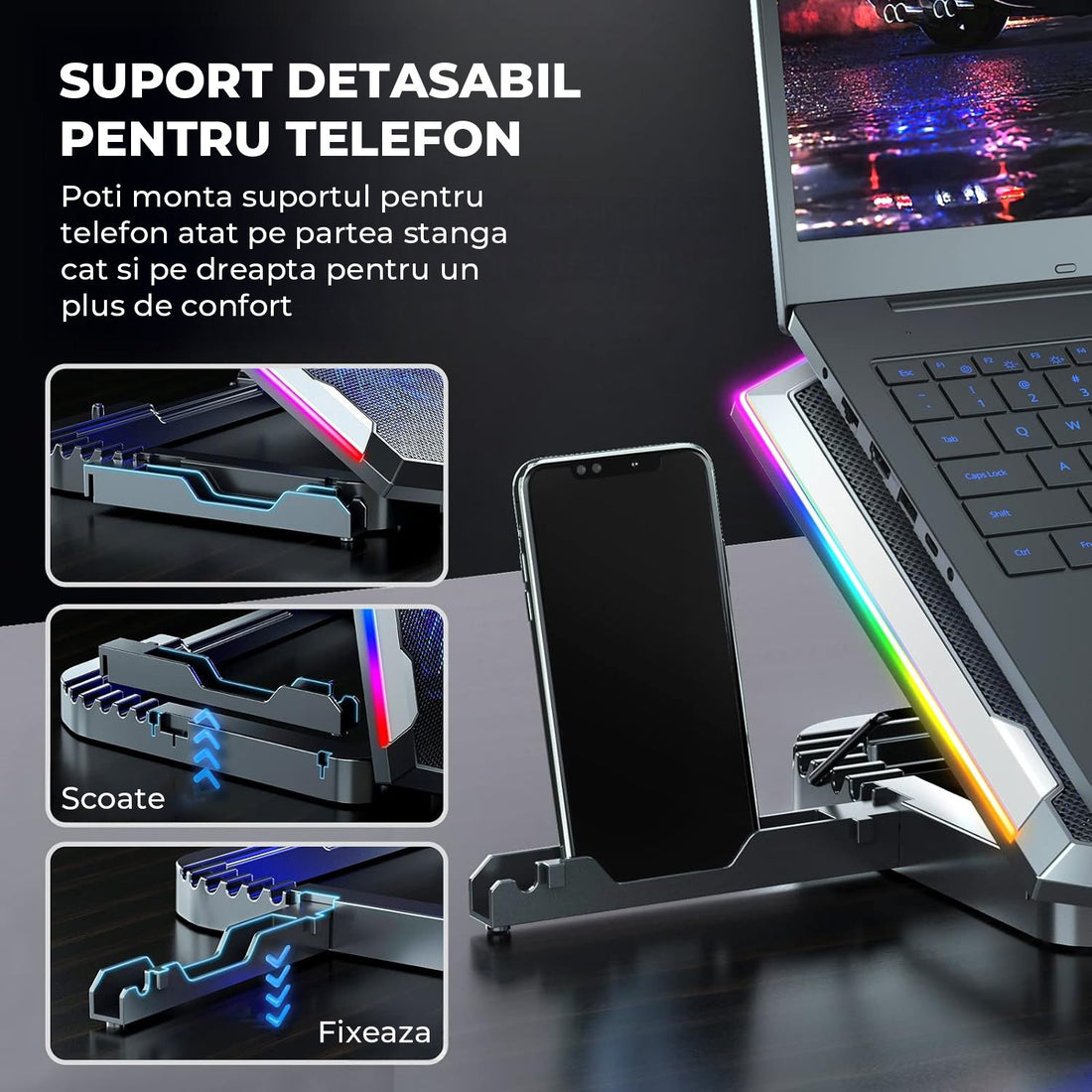 Cooler Laptop Elindor® cu 8 Ventilatoare Silentioase, RGB, Reglaj Inaltime, Afisaj Digital LCD, Suport Telefon, Negru