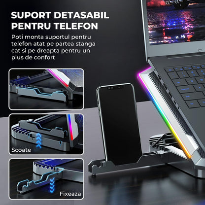 Cooler Laptop Elindor® cu 8 Ventilatoare Silentioase, RGB, Reglaj Inaltime, Afisaj Digital LCD, Suport Telefon, Negru
