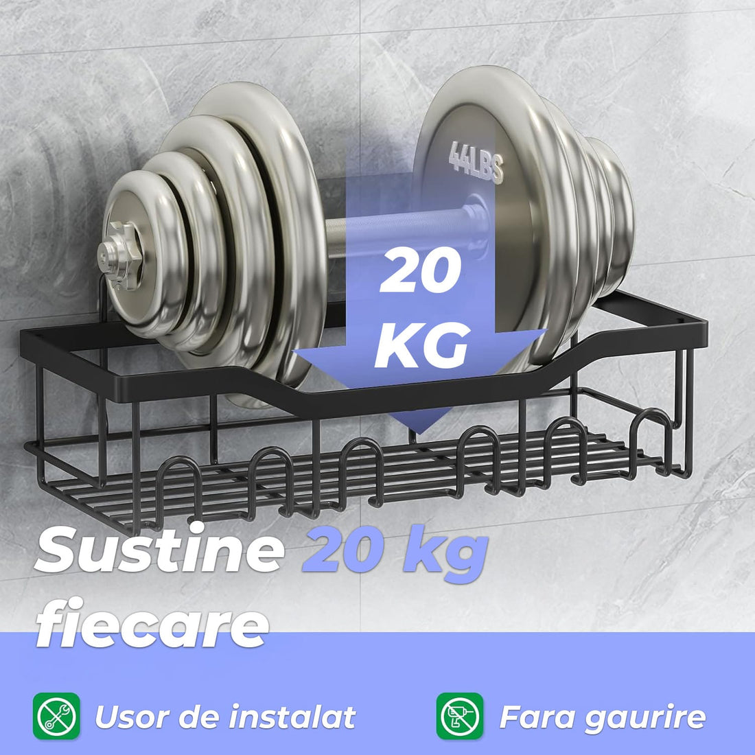 Set 5 Etajere Rafturi Pentru Baie Elindor® Fara Gaurire, Otel Inoxidabil, Fixare Adeziva, Negru