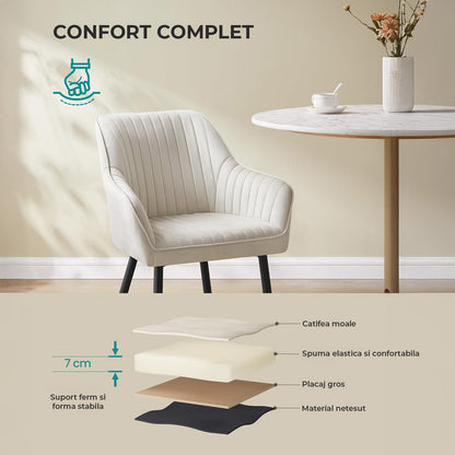 Set 2 Scaune Elindor® Ergonomice, Design Contemporan, Scaun cu Spatar si cu Manere, din Catifea cu Picioare Metalice Negre, Potrivite pentru Living, Bucatarie, Birou, Dormitor, Latime Sezut 49 cm, 55.5 x 43 x 83 cm, Bej Deschis