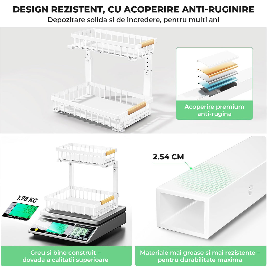 Organizator Multifunctional Elindor® pe 2 Nivele, 2x Sertar Glisant, Montat pe Blat sau in Dulap sub Chiuveta, Suport Metalic Organizare, pentru Bucatarie, Baie, Camara, Bar, Raft cu Sertare Depozitare Legume, Detergenti, Parfumuri, 40.×30×43 cm, Alb
