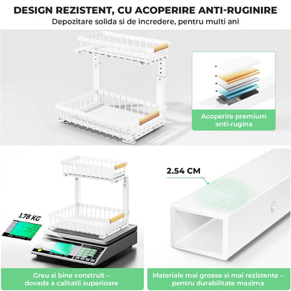 Organizator Multifunctional Elindor® pe 2 Nivele, 2x Sertar Glisant, Montat pe Blat sau in Dulap sub Chiuveta, Suport Metalic Organizare, pentru Bucatarie, Baie, Camara, Bar, Raft cu Sertare Depozitare Legume, Detergenti, Parfumuri, 40.×30×43 cm, Alb